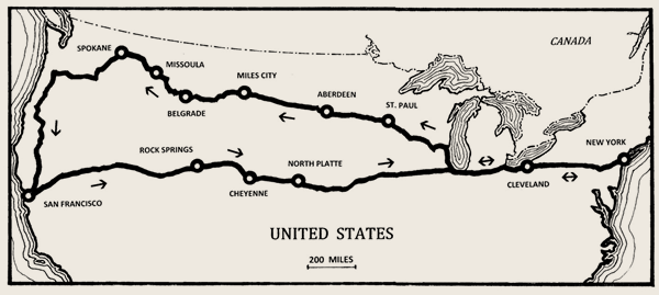 Transcontinental route of the Spokane Sun God, August, 1929 (©2019, J.B. Rivard)